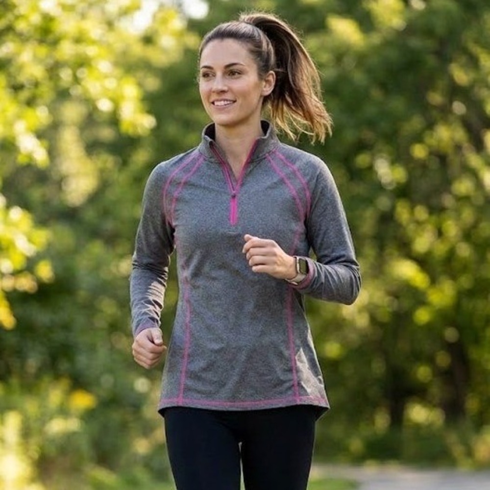 Everlast 1/4 Zip Shirt Womens S Gray Pink Long Sleeve Moisture Wicking Active